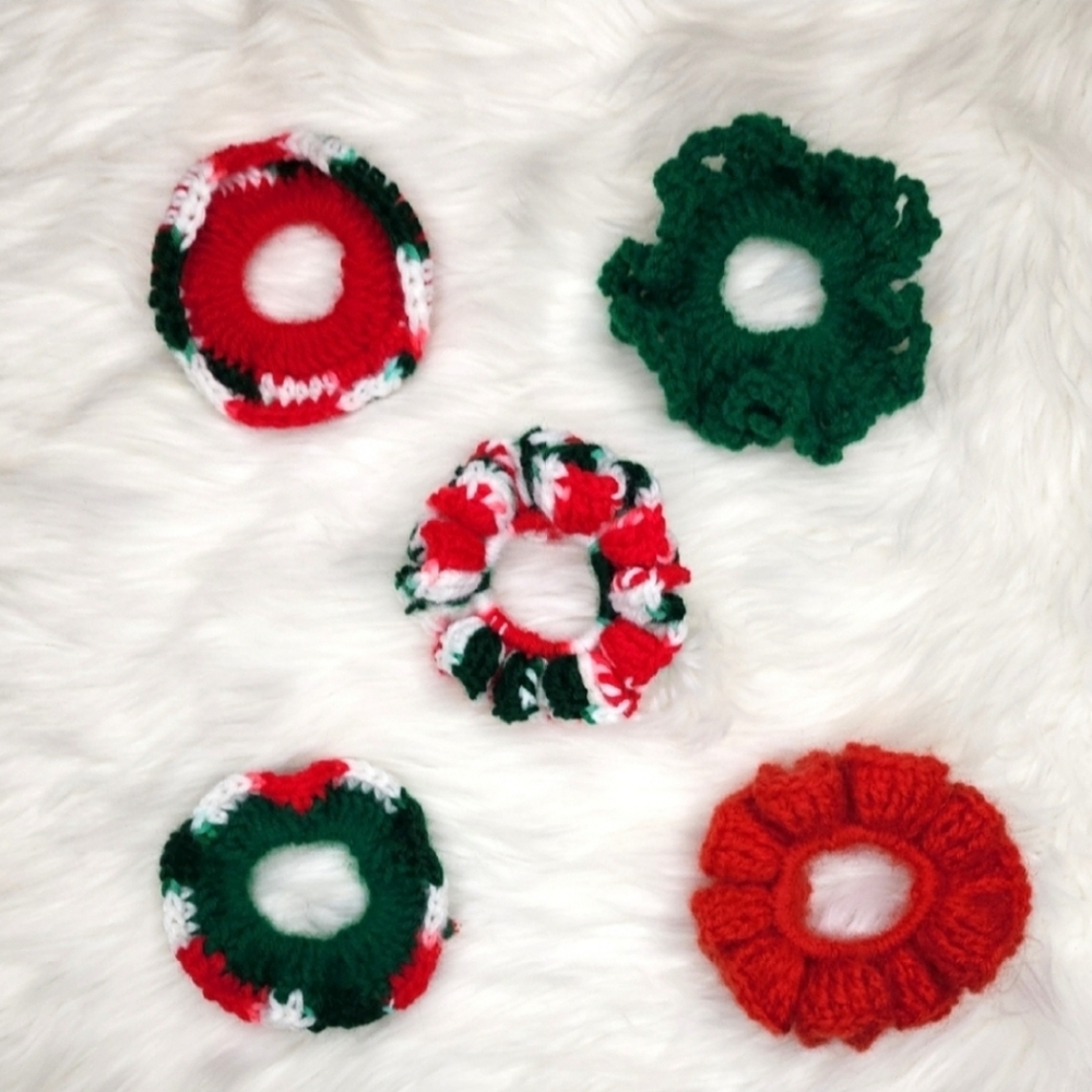Handmade Textured Crocheted Scrunchies Ponytail Holder Hair Tie Set Of 5 - New